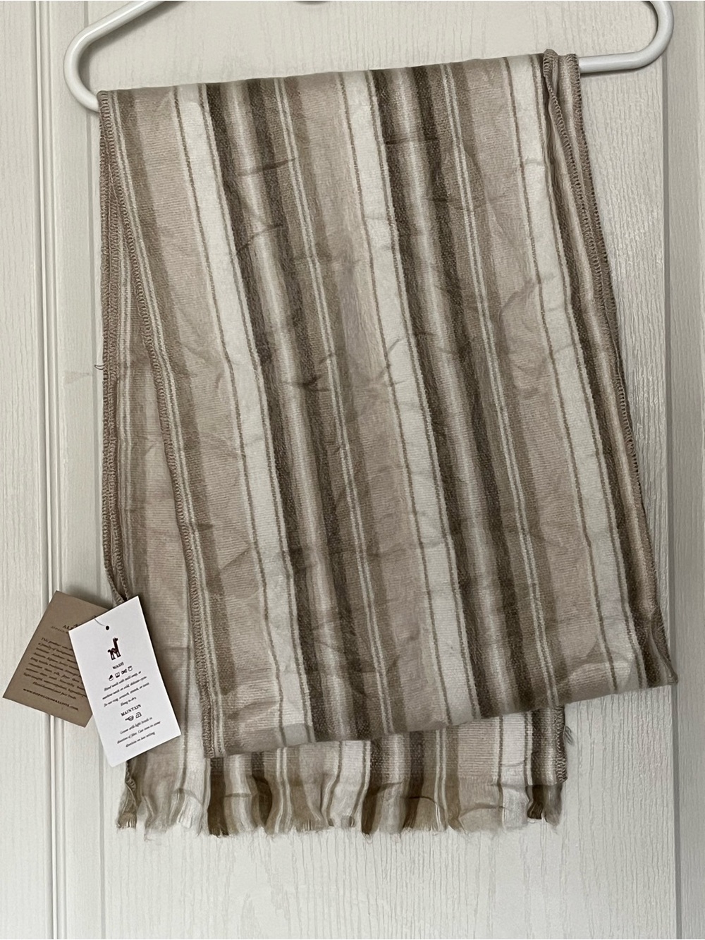 Pokoloko Alpaca Blend Scarf Striped Almond Beige Earth Tone Fringe NWT